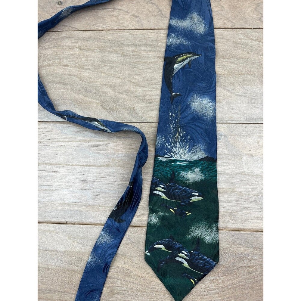 Endangered Species Men's Tie Blue Green Marine Life Silk Pattern